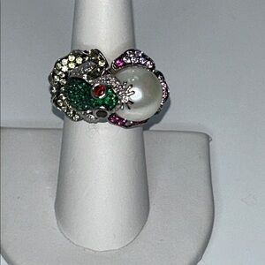 NWOT Sterling Silver Pearl Colorful CZ Frog Lily Pad Designer Ring Bohemian Boho